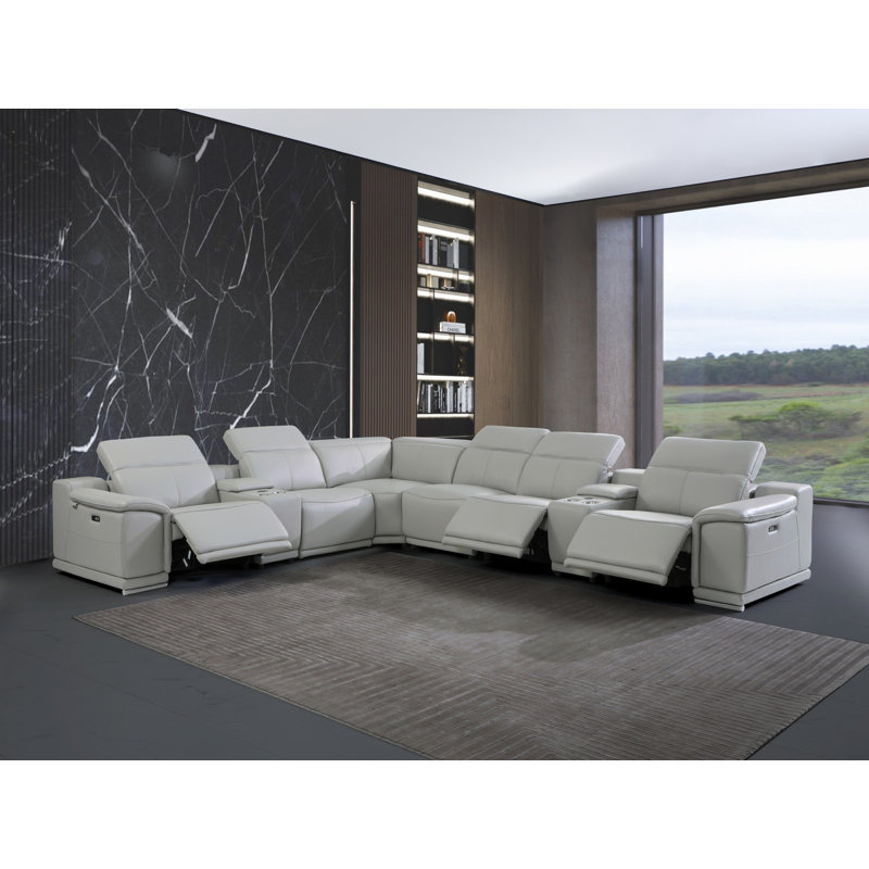 Thijmen 151" Wide Genuine Top Grain Italian Leather Symmetrical Reclining Corner Sectional, Light Gray Genuine Leather