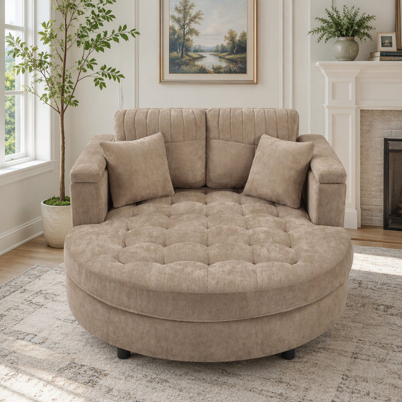 Canapé-lit rembourré avec siège capitonné et coussins amovibles 54,7 po Curved Chaise Lounge, Brun