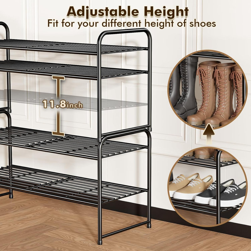 32'' Wide 2-Tier Wire Grid Shoe Rack for Closet, Stackable and Adjustable Shoe Shelf, Black