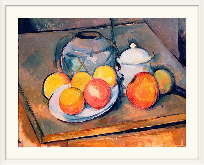 « paille recouverte de bol à sucre vase et de pommes » par paul cezanne imprimé, H 35 po x l 44 po x P 1 po, Cadre blanc