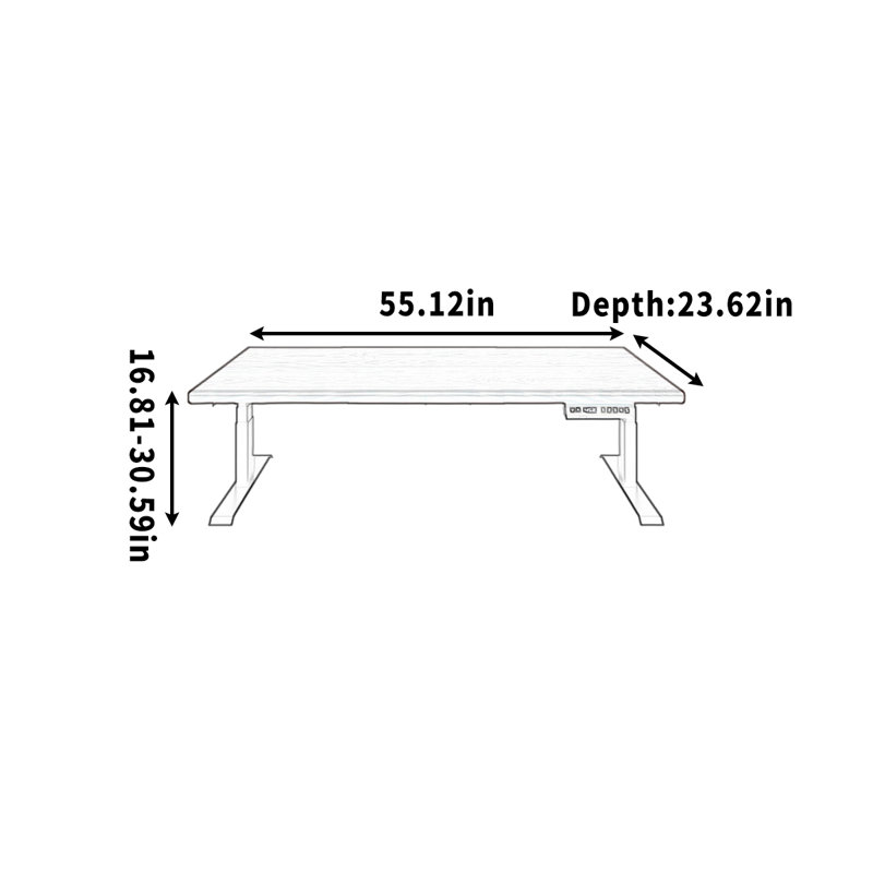 Solid wood height-adjustable desk for study, 30.59" H x 55.12" W x 23.62" D
