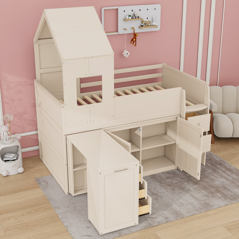 Twin Size Wooden Loft Bed with Desk and Drawers,Shelves, Beige