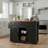 Black Farmhouse-Style Kitchen Island With Double Sliding Barn Doors, Power Outlet, Folding Table, Spice Rack, And Rolling Trolley For Home Dining.-1477982691