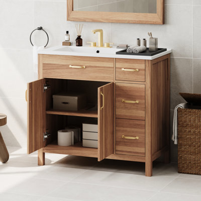 Meuble-lavabo contemporain de 36 po en bois, portes et tiroirs à fermeture en douceur, lavabo en céramique, tablette ajustable pour petits espaces de salle de bain, structure solide, 2 portes, 3 rangements compacts