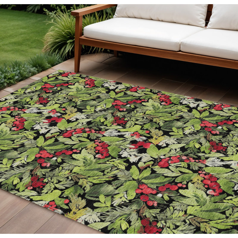 Tapis lavable d'intérieur/extérieur à motifs botaniques noirs, verts et rouges, 3 m x 4,2 m (10 pi x 14 pi).