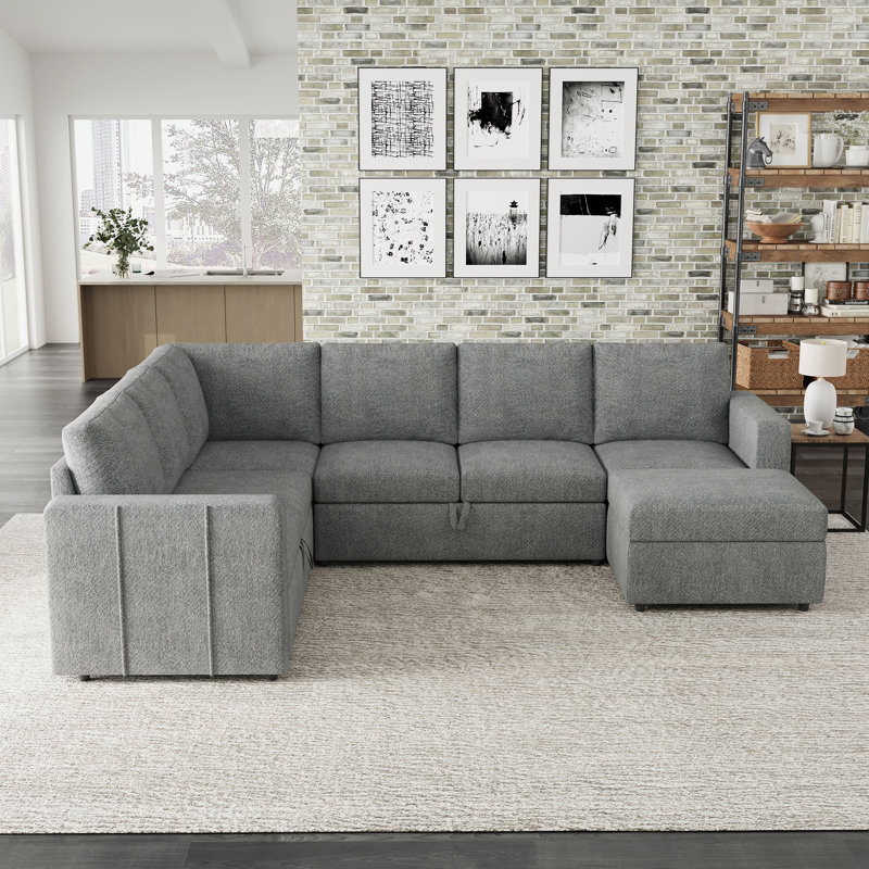 Ensemble de canapé modulaire en L avec grand espace de rangement, Chenille gris pâle