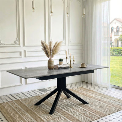 Extendable Table For Dining Room And Office, Gray Surface, Metal Legs Modern Rectangular Table, Scratch - , Automatic Extension