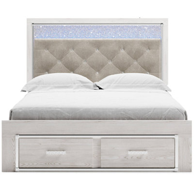 Grand lit de rangement avec tête de lit à boutons gris Aly