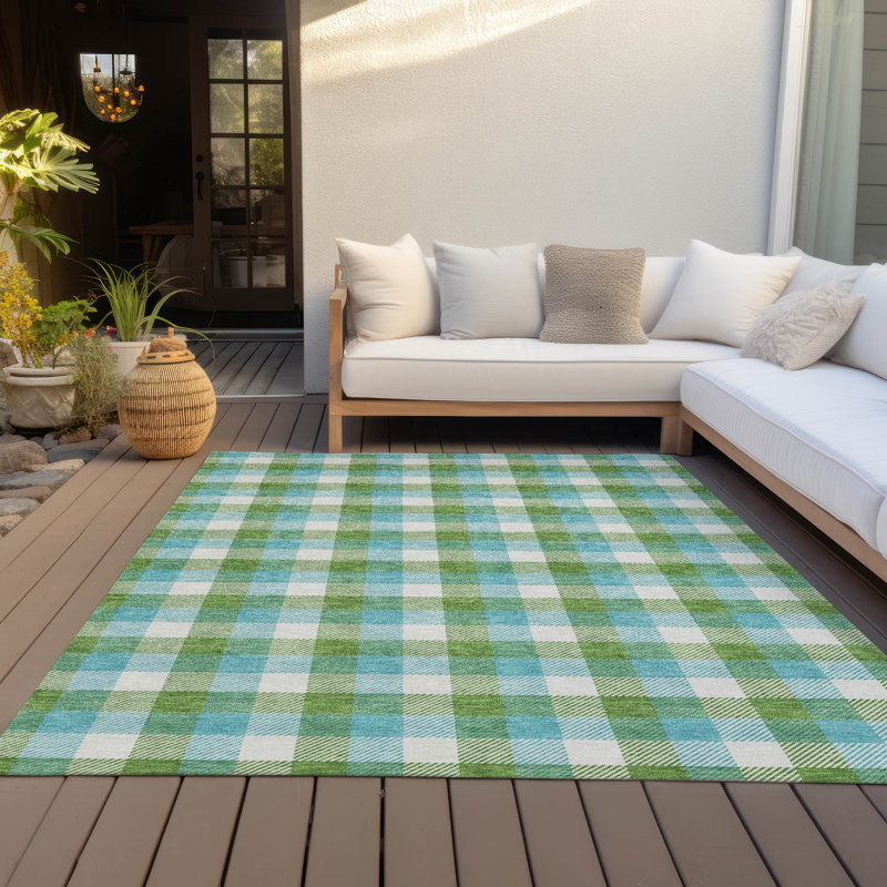 Lime and Blue Plaid Synthetic Washable Area Rug