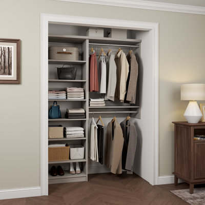 Grey Oak 57" Floor-Mounted Single Wall Closet System with 2 Sections, 2 Clothing Rods & 7 Shelves