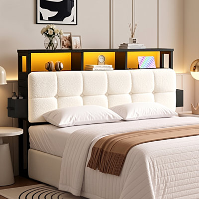 Upholstered Storage Headboard With Built-In Charging Station, LED Light Strip, Hidden Drawer And Shelf – Tufted Button Design