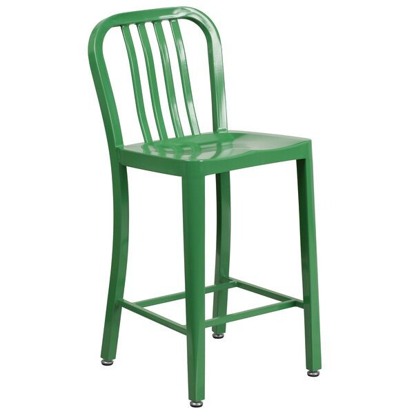 Commercial Grade Metal Indoor-Outdoor Stool with Vertical Slat Back, Green, Counter Stool (61cm Seat Height)