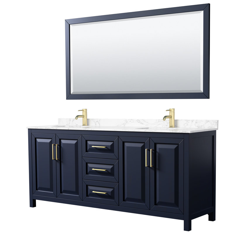 Daria 80'' W Double Vanity, Dark Blue, Carrara Cultured Marble, Brushed Gold