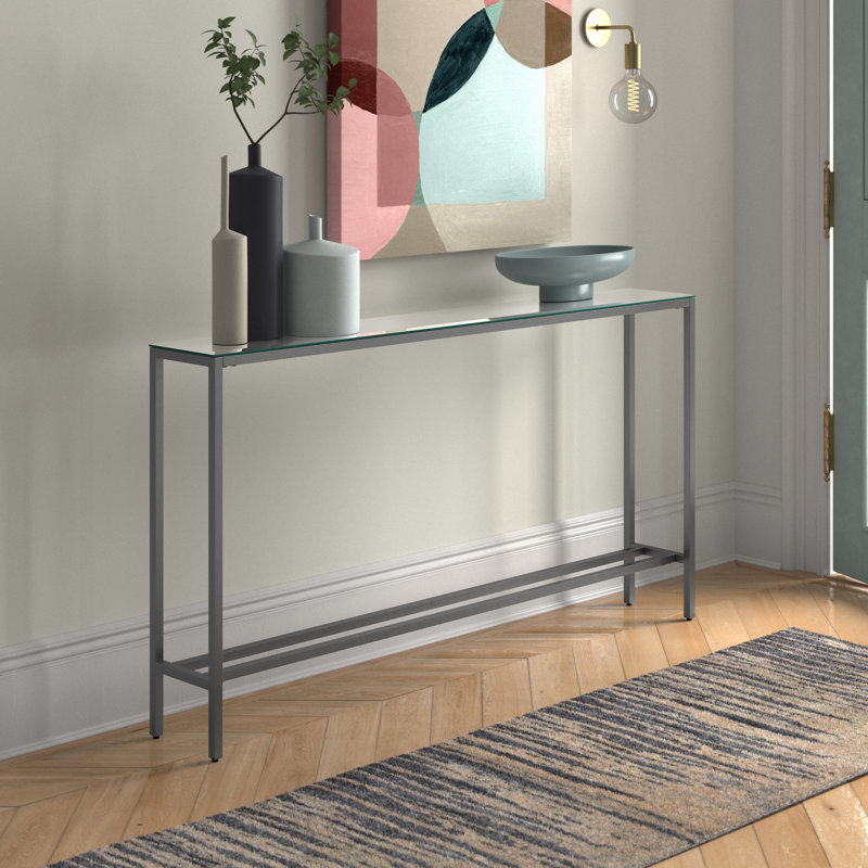 Console étroite Darrin avec plateau en miroir, Gris, H 30 po x l 56 po x P 8 po