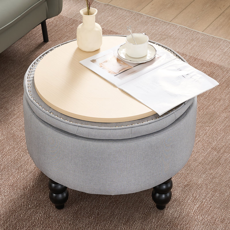 24'' Wide Upholstered Round Storage Ottoman, Gray Linen