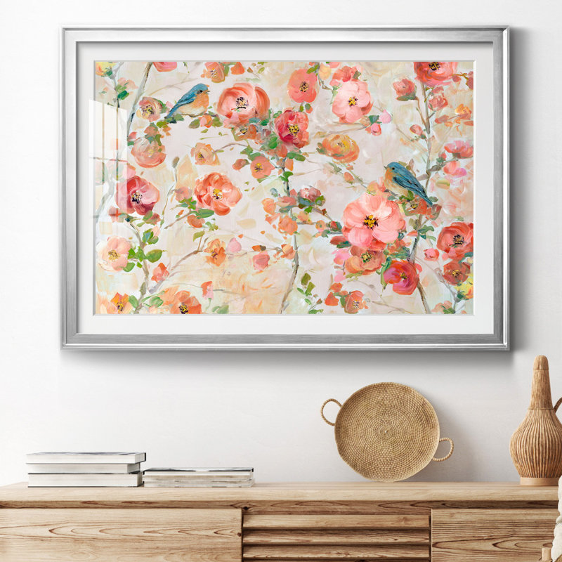 Bluebirds and Blossoms - Peinture encadrée, H 26,5 po x l 36,5 po x P 1,5 po, Cadre argenté