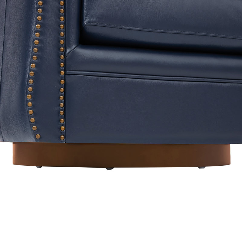 Fauteuil à oreilles pivotant en cuir véritable avec base en bois massif Opal, Marine