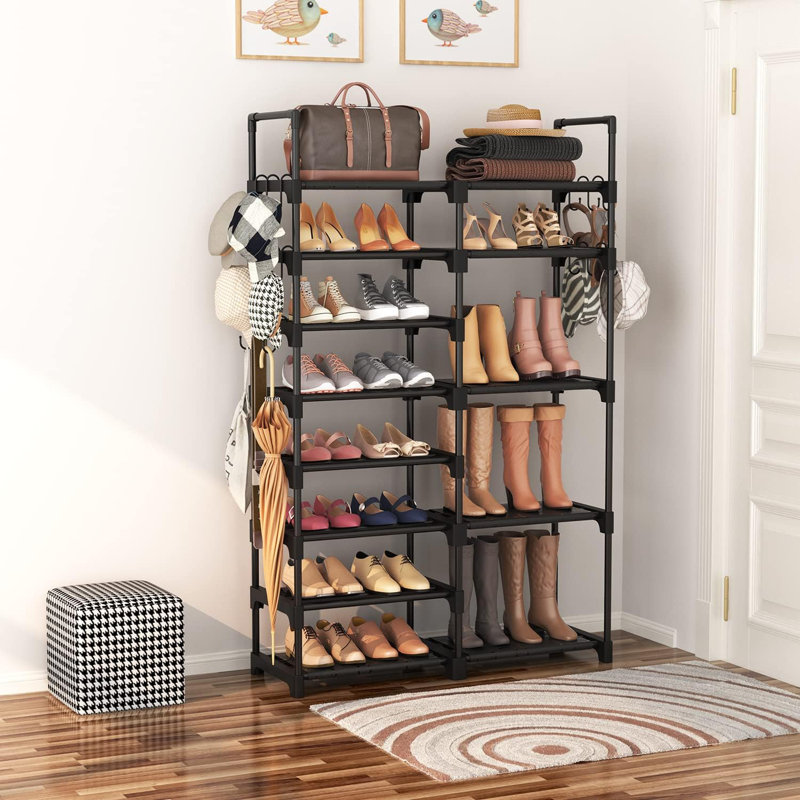 Range-chaussures organisateur, étagère à chaussures en métal à 8 niveaux pour le garage de vestibule, 26-32 paires de tablettes de rangement pour chaussures avec 15 crochets, grand support à chaussures empilable