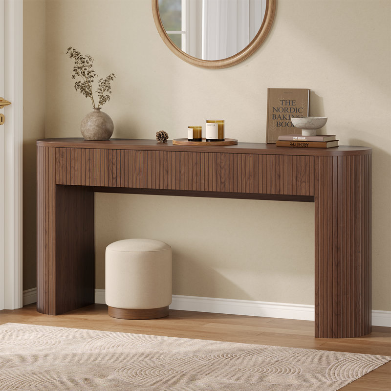 Console 55 po Tambour avec plateau de table ovale pour vestibule de vestibule, H 31,51 po x l 63,01 po x P 13,79 po, Walnut