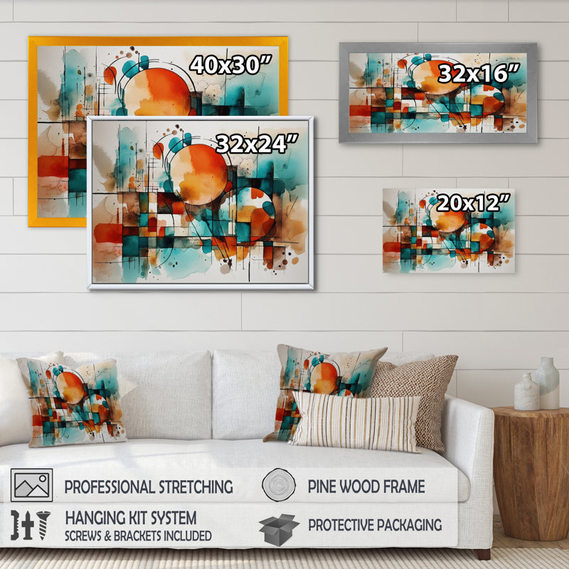 Orange orange géométrique - art mural abstrait géométrique, Cadre doré simple, H 24 po x l 32 po x P 1 po