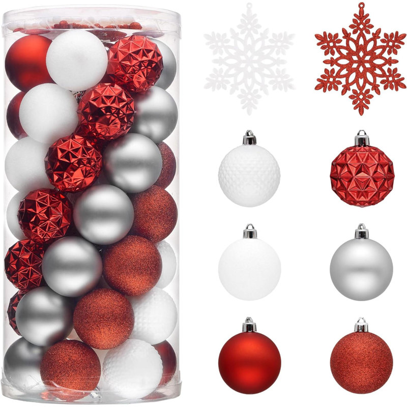 Ensemble d'ornement de décoration de sapin de Noël, 50 carats, 2,36 pouces, Rouge / blanc