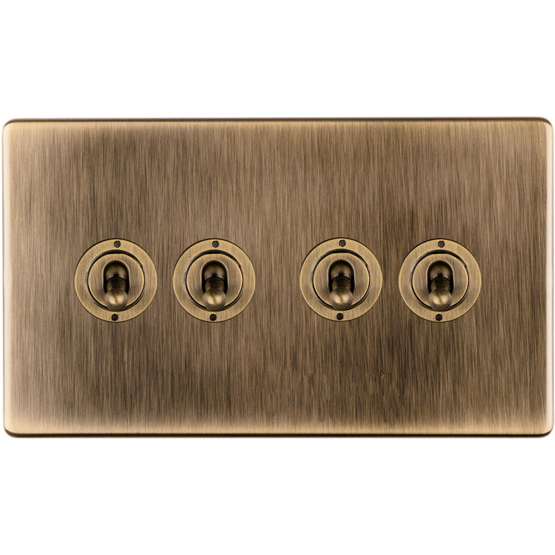 4 Gang Quad Retro Toggle Light Switch SCREWLESS MATT BLACK 10A 2 Way Lever, Antique Brass, Gold