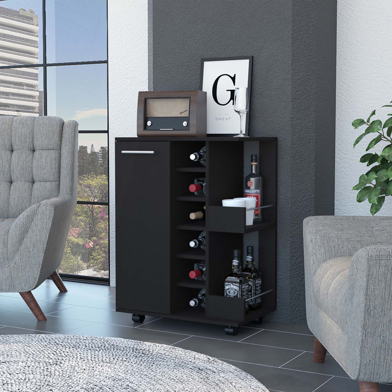 Chariot-bar Tennessee, une armoire avec une division, six casiers pour boissons alcoolisées, deux tablettes, Noir