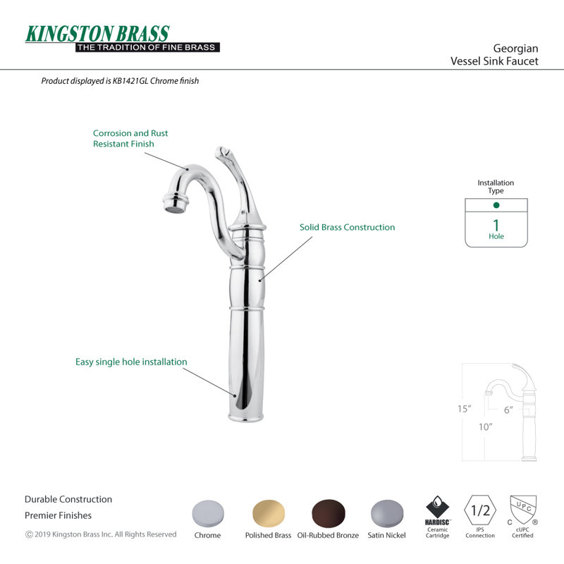 Kingston Brass Georgian Single-Handle 1-Hole Deck Mount Vessel Faucet, Polished Brass