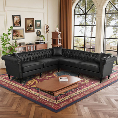 Canapé modulaire pour salon, canapé Chesterfield moderne réversible en forme de L avec accoudoirs roulés et têtes de clou, canapé capitonné à 5 places pour le similicuir en petit ou grand espace