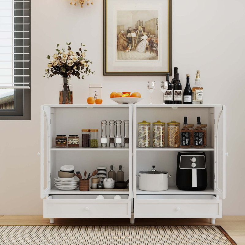 Buffet en verre arqué avec tablettes réglables et deux tiroirs, Blanc