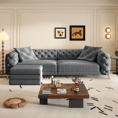 97.7" Velvet Upholstered Sleeper Sofa, King-Size Pull-Out Sofa Bed, 4-Seater Chesterfield Sofa with 2 Pillows, Dark Gray