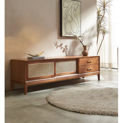 Meuble télé Mid-Century en rotin et bois de frêne blanc avec rangement pour tiroir