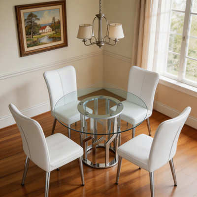 38.9" Round Glass Dining Table Set For 4, Tempered Glass Table With Stainless Steel Legs & Metal Velvet Chairs, Modern Simple Style For Dining Room, Silver Table, White Chairs