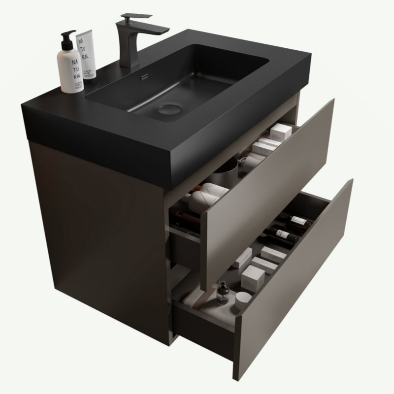 Meuble-lavabo mural 30 po avec lavabo, grand meuble-lavabo flottant mural pour salle de bain moderne, lavabo une pièce sans drain, pré-assemblé