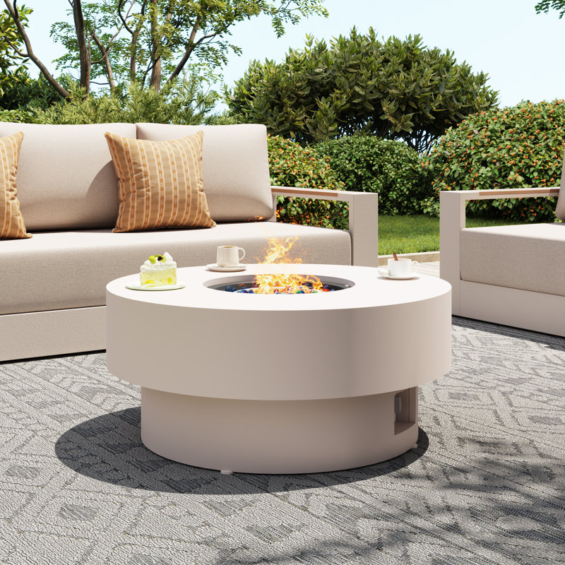 Ooutdoor Round Steel Fire Pit Table, Beige