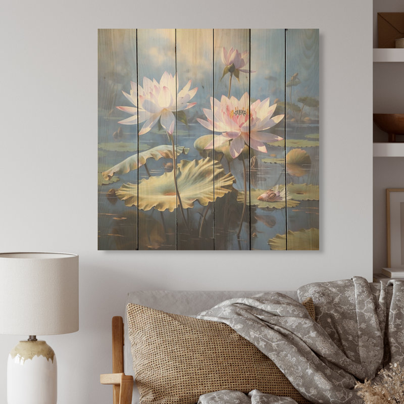 Lotus, éternelle beauté parmi les nénuphars - Art mural en bois de lotus sur bois de pin naturel, H 36 po x l 36 po
