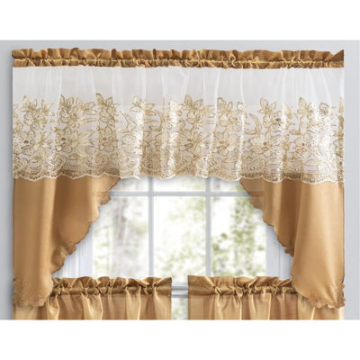 Ensemble de rideaux de luxe semi-transparents en lin 3 pièces avec broderie à paillettes délicates - cantonnière et rangées élégantes pour la cuisine, le salon ou la salle de bain - Habillage de fenêtre romantique et élégant adoré par les familles - Or