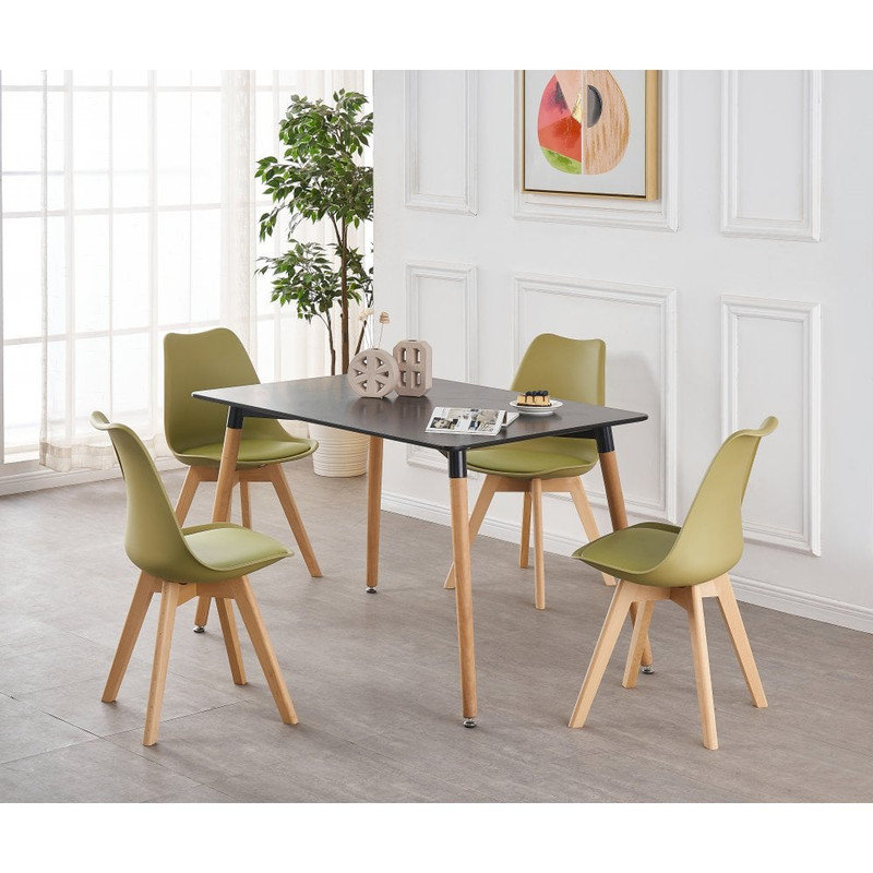 Suellen 4 Person Dining set - a Rectangular Plastic Dining Table with Wooden Legs and a Set of 4 Faux Leather Cushion Padded Dining Chairs for Dining Room - Modern Dining Table Set