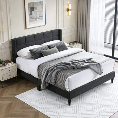 Upholstered Bed Frame With Wing Back Headboard – Light Beige