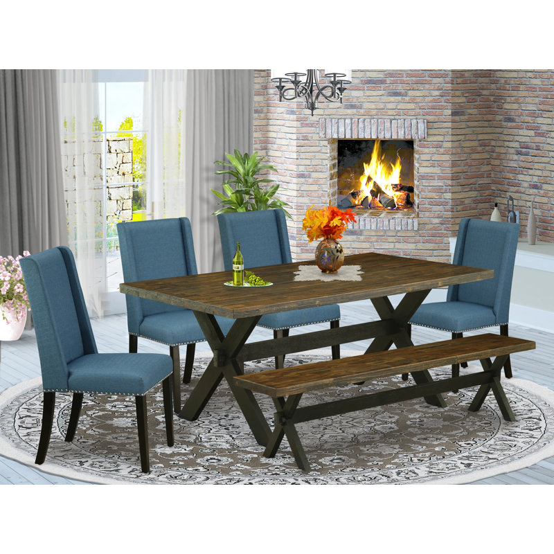 Ensemble de table de salle à manger 6 pièces moderne comprenant une table rectangulaire en bois avec pieds en X et 4 chaises Parson en tissu bleu avec banc, finition noire brossée