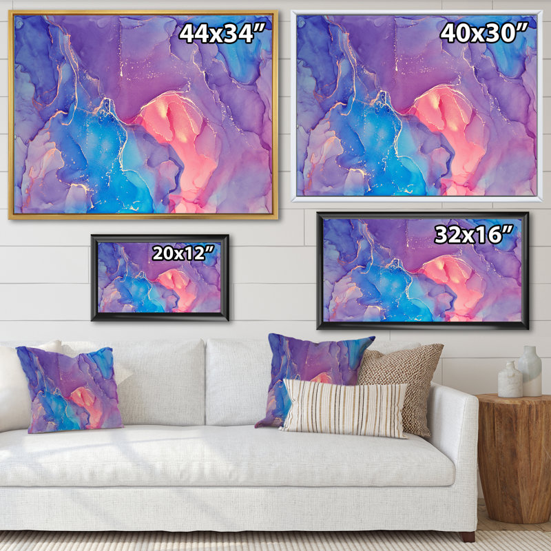 Mauve et bleu liquide fuchia Art III - peinture sur toile, H 16 po x l 32 po, Toile avec cadre en érable