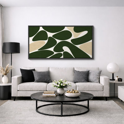 Abstract Organic Green Beige Shape Pattern Artwork, Contemporary Living Room Pictures, Framed Canvas Giclee Print Wall Art