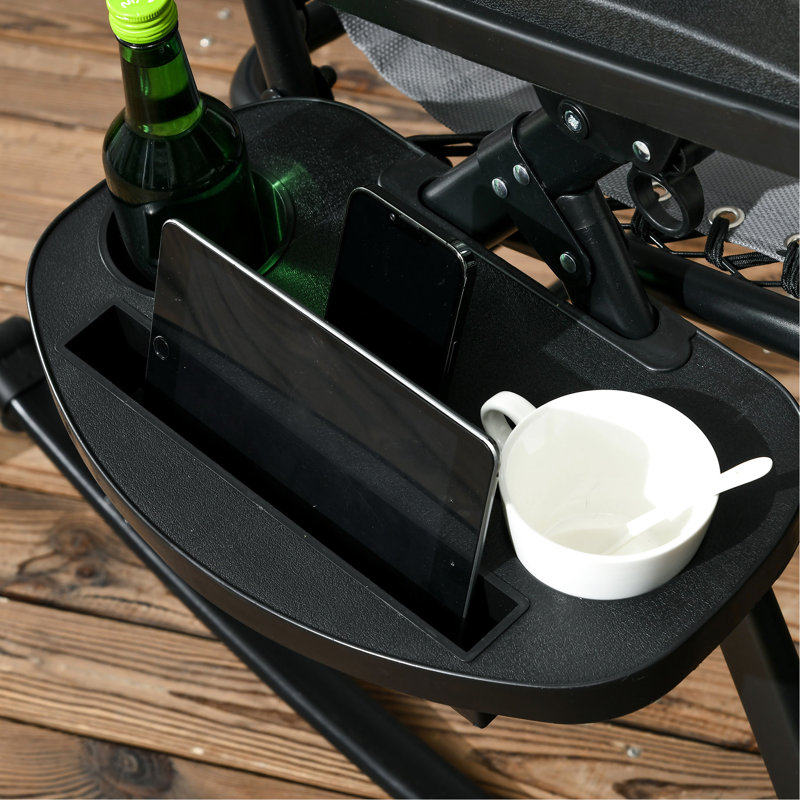 Ensemble de 2 chaises berçantes d'extérieur pliables, sans gravité, inclinables avec coussin, porte-gobelet et téléphone, gris. Structure stable, fente de support de chaise berçante rembourrée et respirante, fabrication en acier