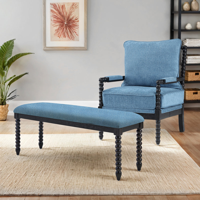 Eliyas Modern Bobbin Armchair And Upholstered Bench Set, Cream, Black