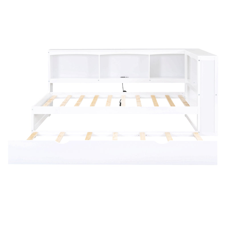 Lit de jour simple avec lit gigogne, armoires de rangement et ports USB, Blanc