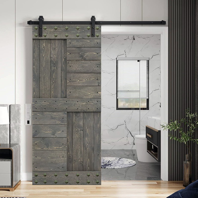 Porte de grange à panneaux en bois avec kit de quincaillerie d'installation et Clavos, 24 po x 84 po, Gris patiné