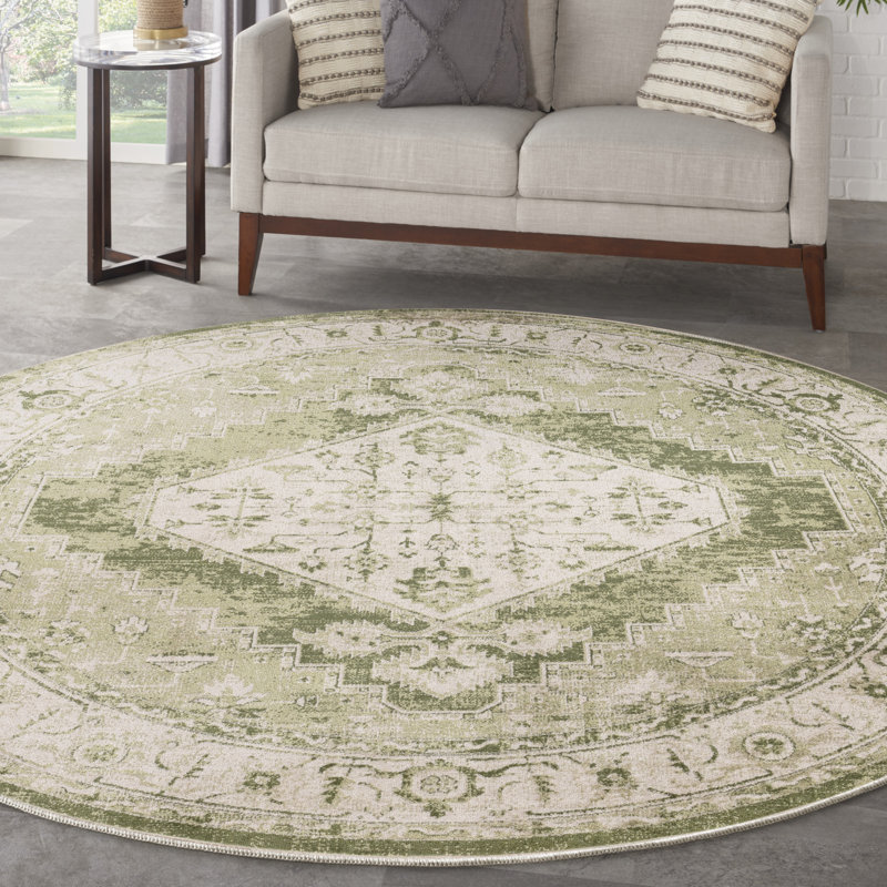 Haydel Oriental Machine Washable Power Loom Polyester Area Rug in Ivory/Green, Round 8'