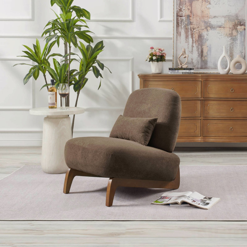 Brown Upholstered Accent Chair with Pillow – Mid-Century Modern Armless Lounge Chair for Living Room & Bedroom, Brown