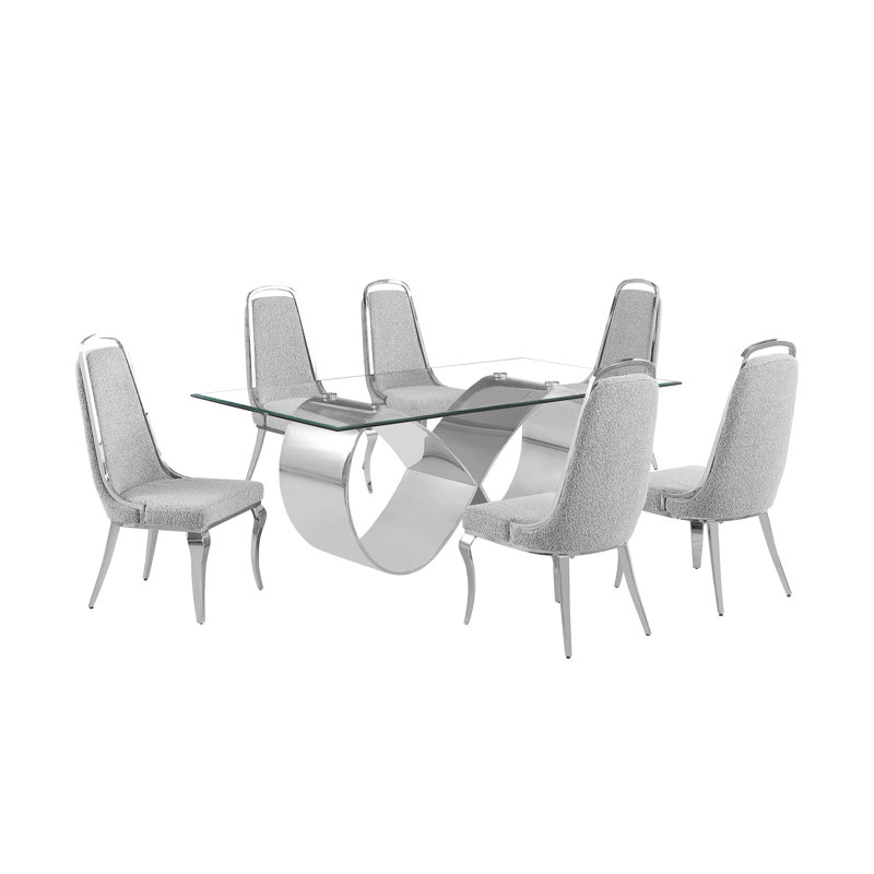 Ensemble de salle à manger en verre trempé avec chaises d'appoint en tissu Boucle, Gris riche, Argent