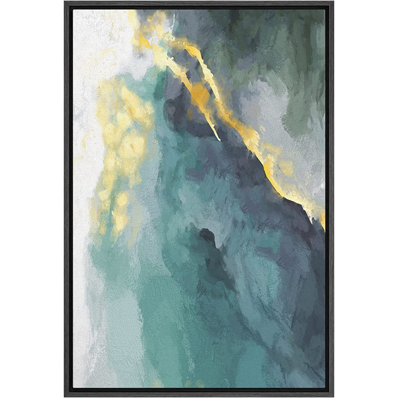 «Smoke Effect» sarcelle et or, peinture à l'aquarelle, coup de pinceau, collage abstrait géométrique - cadre flottant, impression sur toile